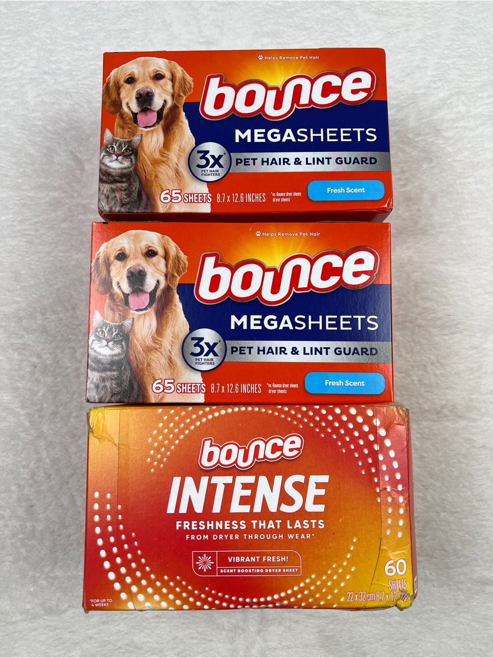Bounce Dryer Sheets Lot 190ct Pet Hair Mega + Intense Vibrant Fresh NEW